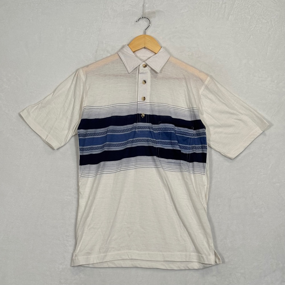 Vintage 1990s White & Blue Haband Casual Joe Striped Polo T-Shirt Small